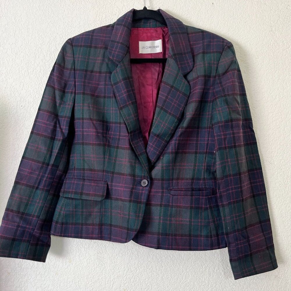 90’s Vintage JH Collectibles Womens Plaid One-Button Blazer Jacket Green/Purple